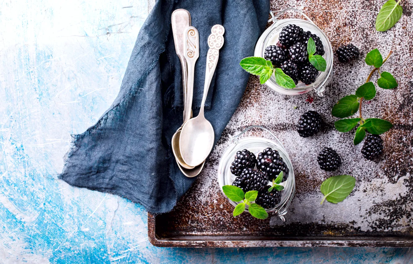 Photo wallpaper berries, jars, BlackBerry, spoon, Tray, Yogurt, Stolyevych Yulia