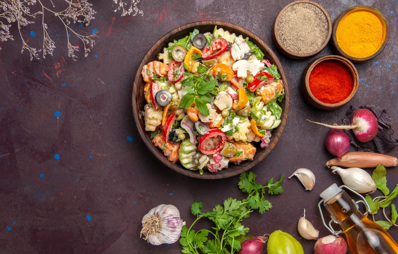Photo wallpaper mushrooms, pepper, bowl, vegetables, salad
