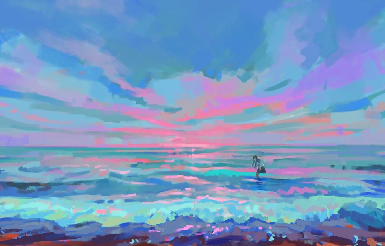 Photo wallpaper sea, the sky, schoolgirl