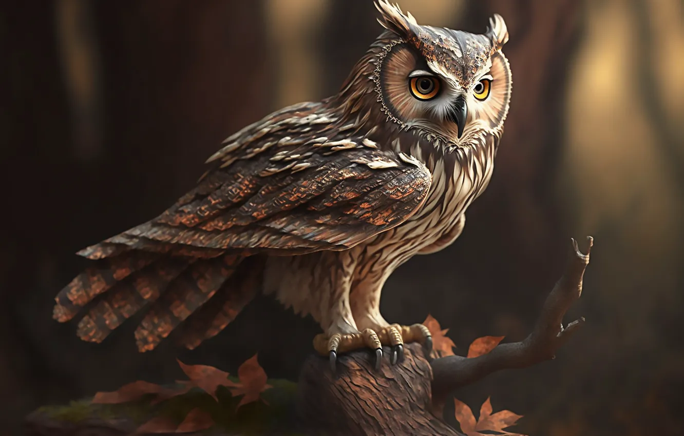 Photo wallpaper look, leaves, trees, nature, owl, bird, snag, bitches