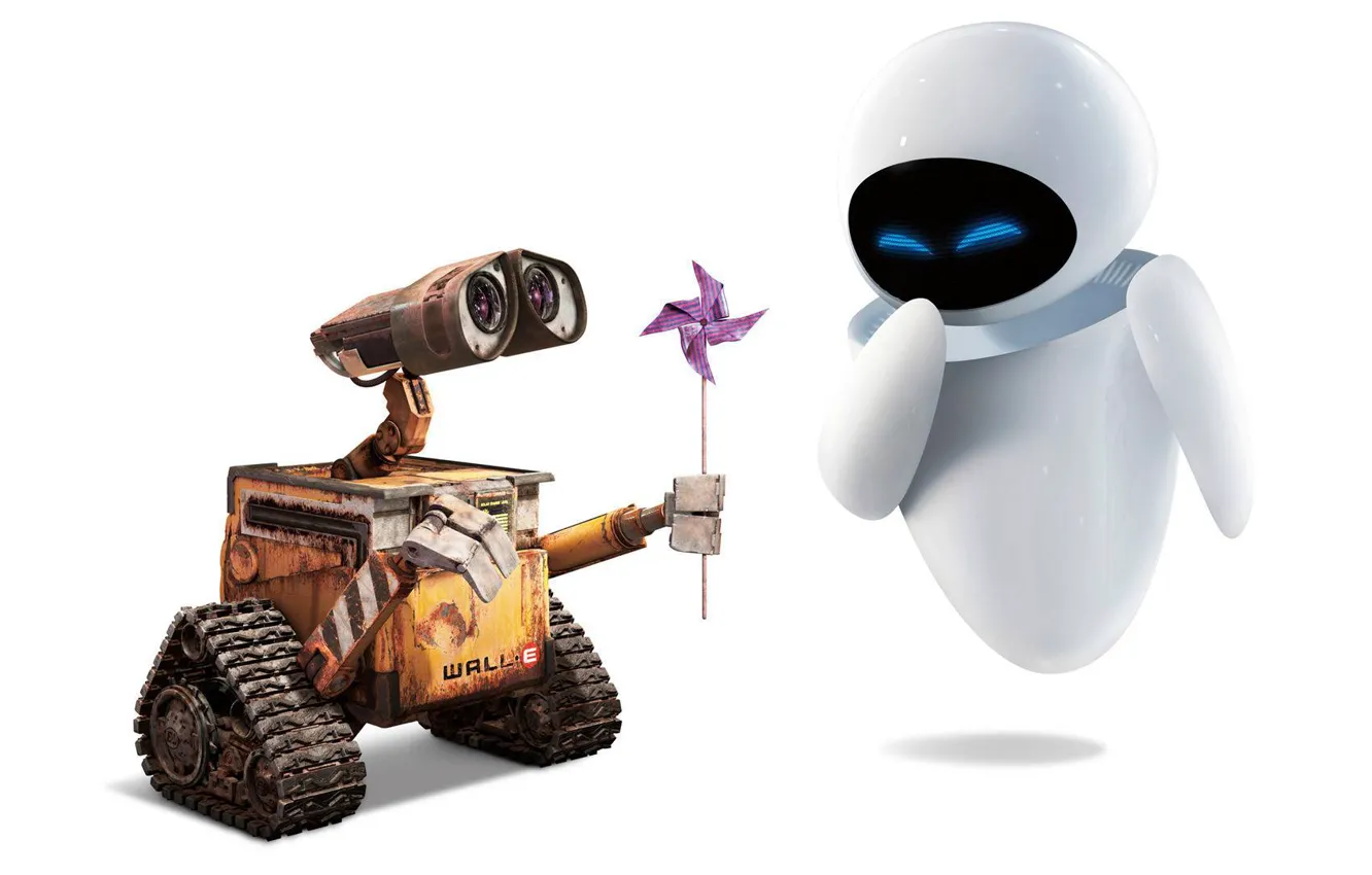 Photo wallpaper love, fiction, cartoon, robot, wall-e, Eva, valley