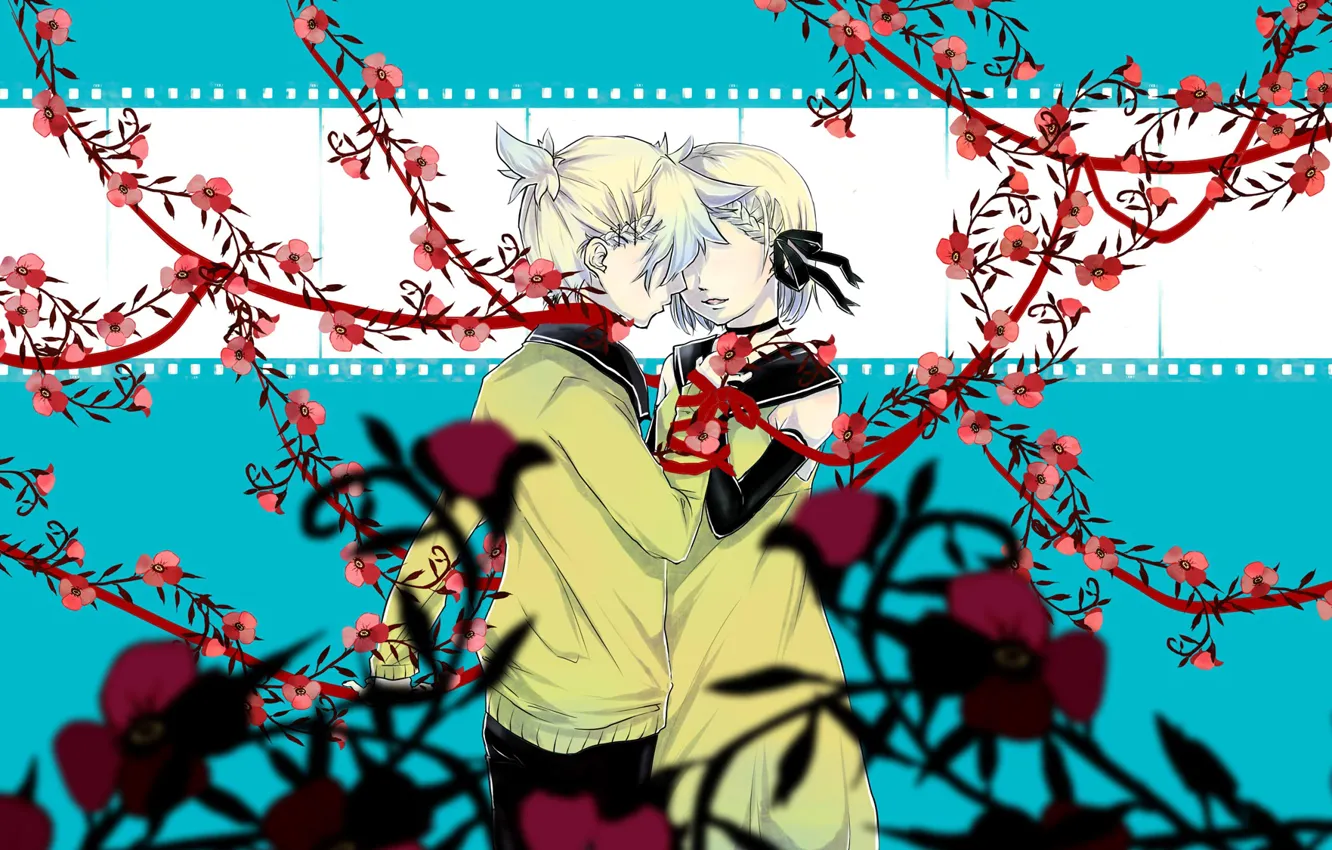 Photo wallpaper girl, flowers, guy, vocaloid, two, Vocaloid, Kagamine Len, Kagamine Rin