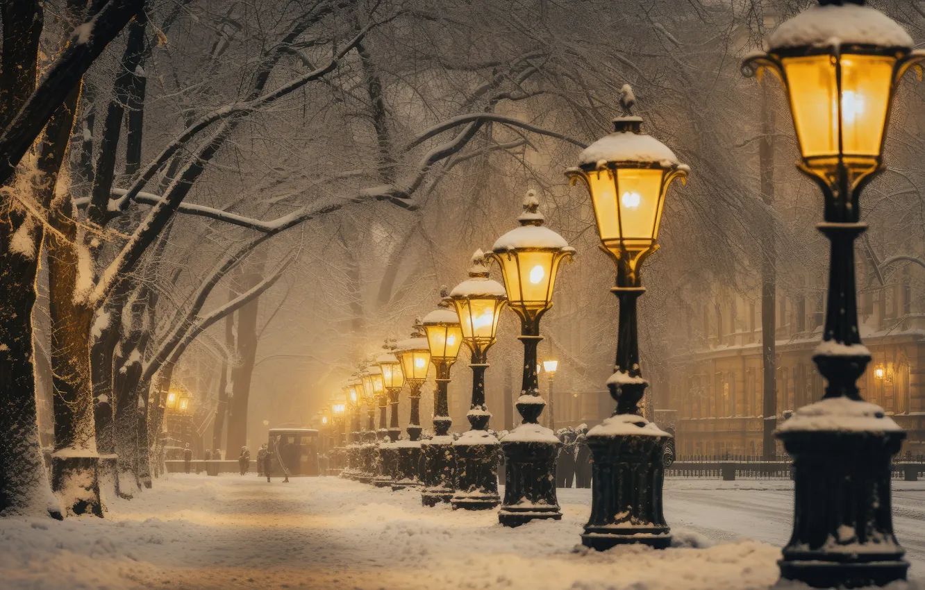 Photo wallpaper winter, snow, night, Park, street, lights, alley, night