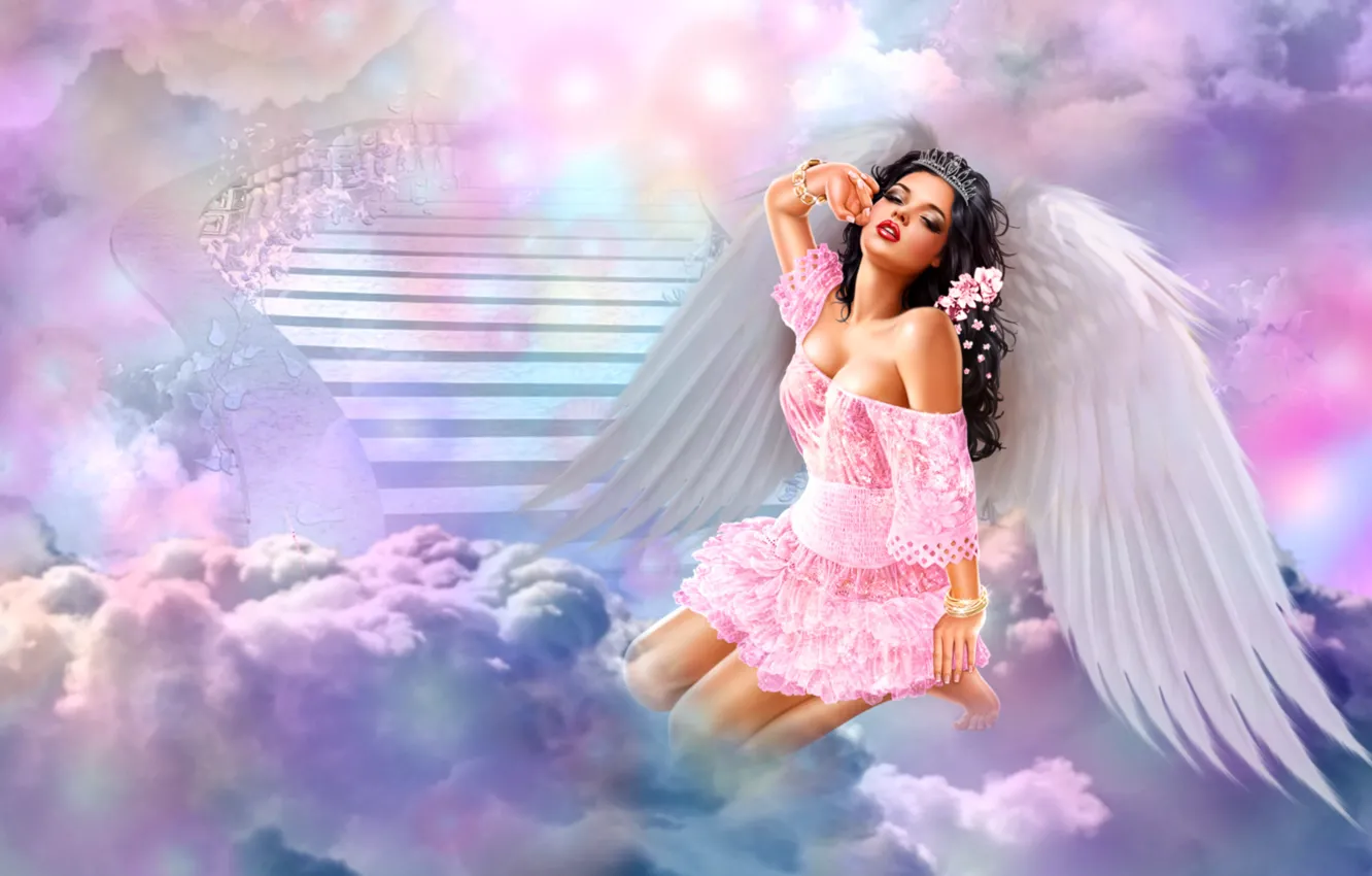 Photo wallpaper Clouds, Girl, Ladder, Angel, Wings