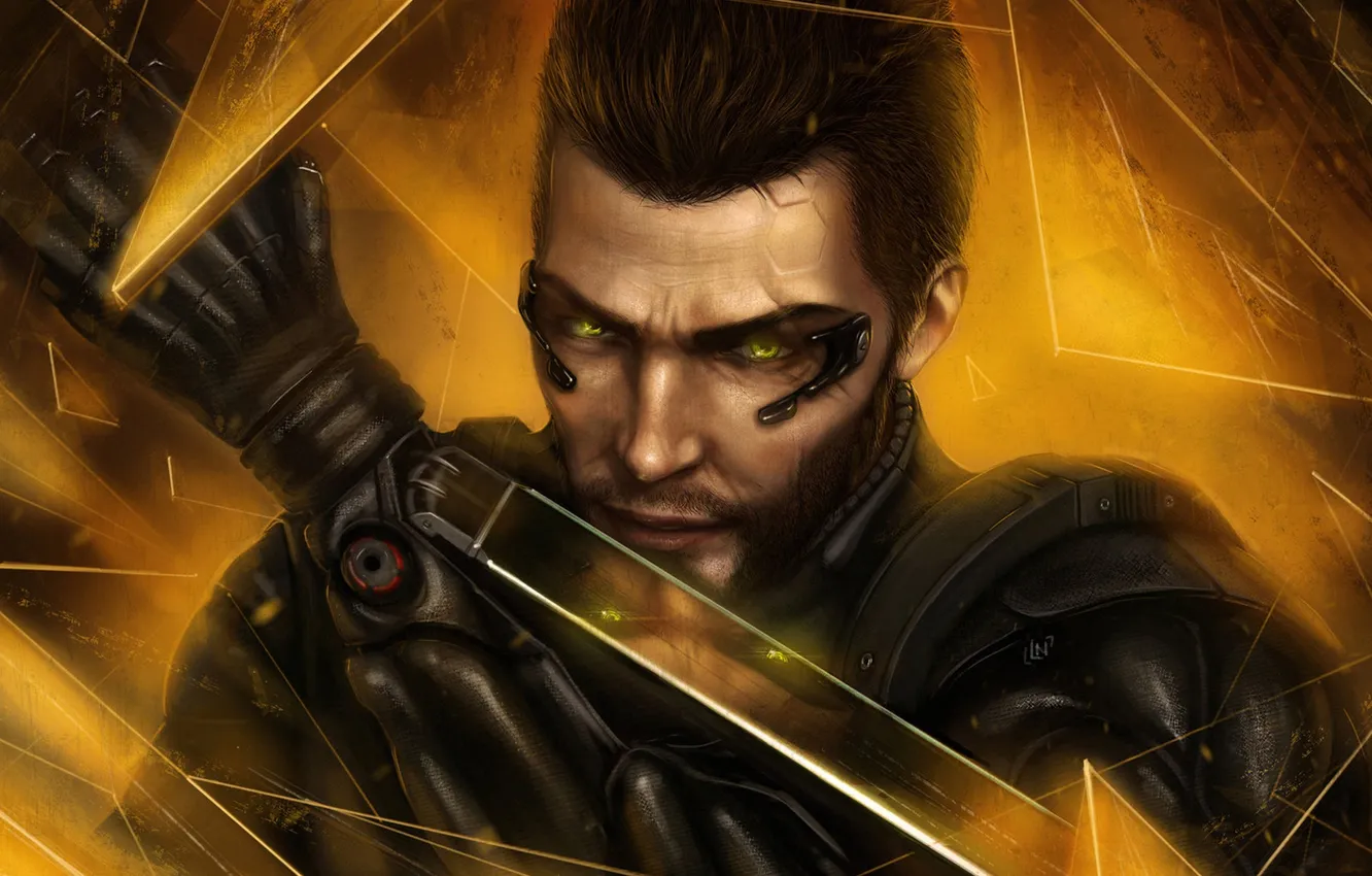 Photo wallpaper face, male, cyborg, Square Enix, art, Deus Ex: Human Revolution, human revolution, deus ex