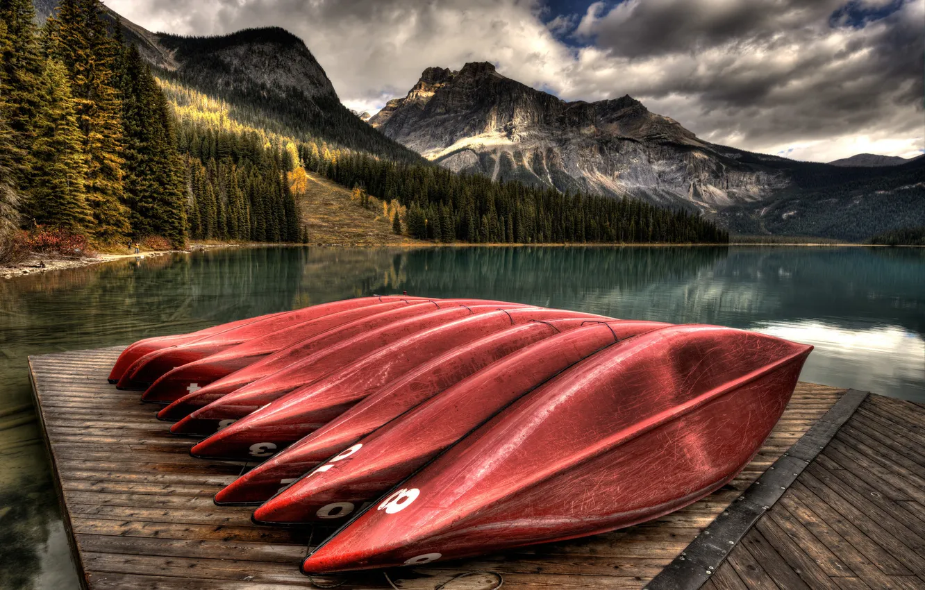 Photo wallpaper mountains, lake, boat