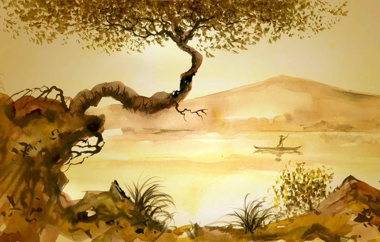 Photo wallpaper grass, river, tree, people, Chinese painting, junk