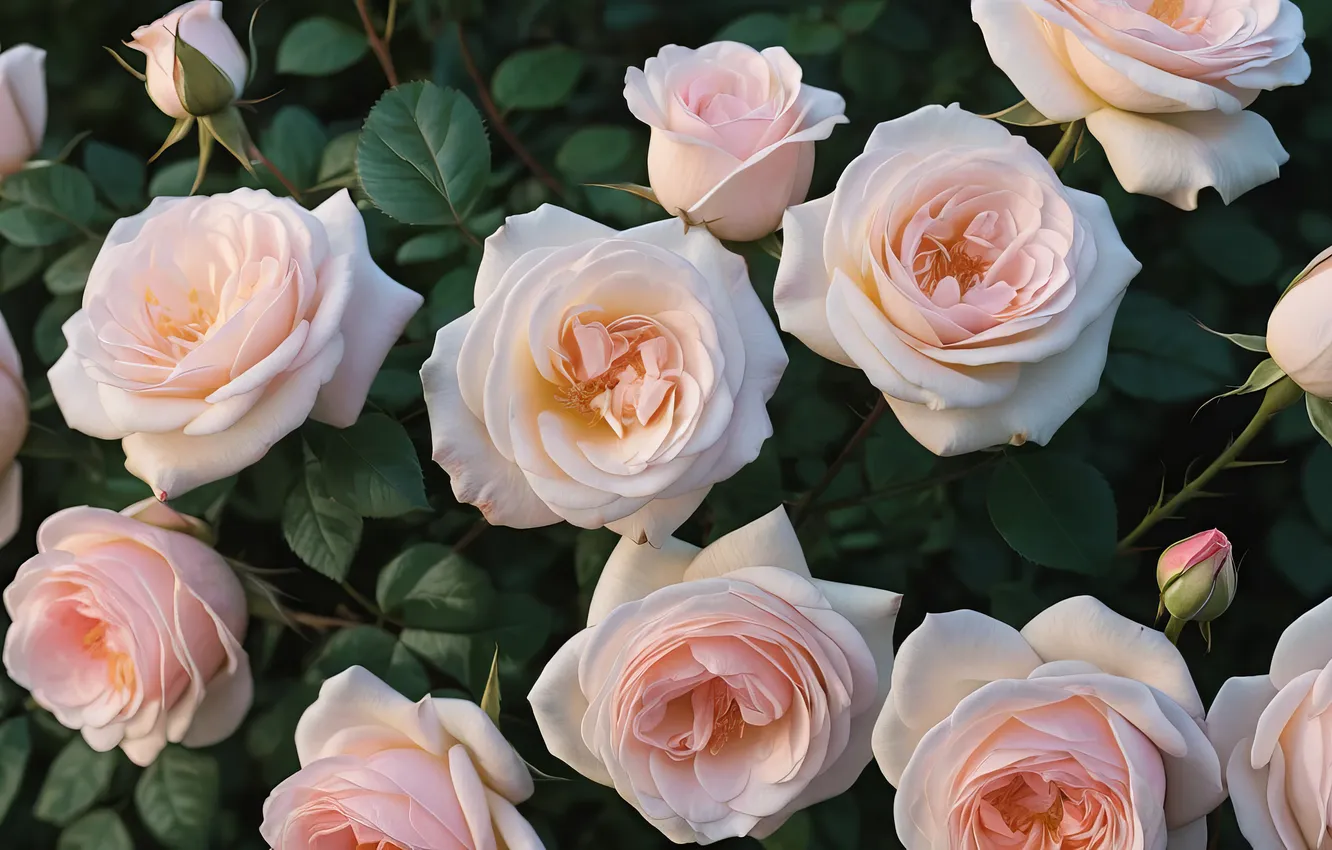 Photo wallpaper leaves, flowers, roses, garden, gentle, pink, rose Bush, AI art