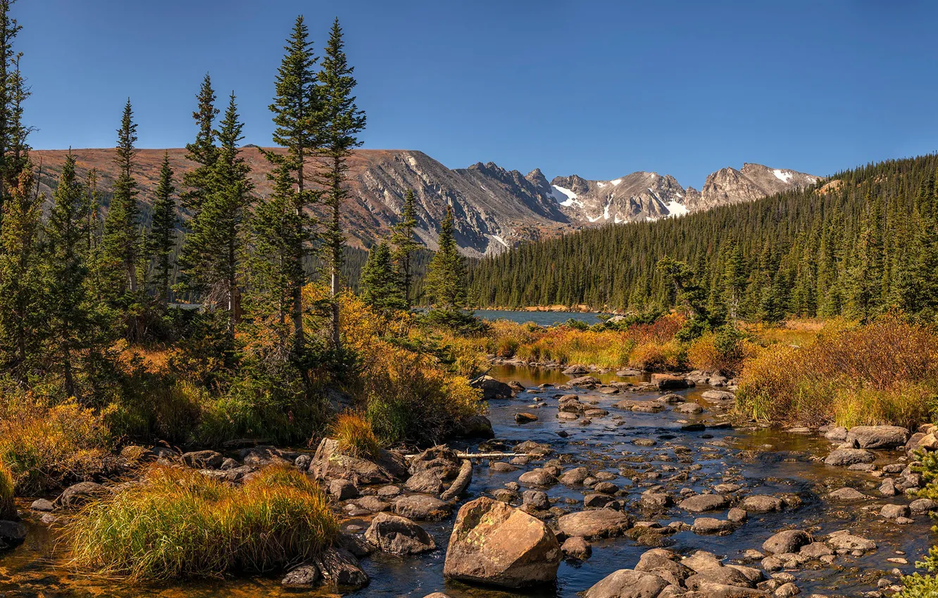 Photo wallpaper forest, mountains, stream, Colorado, panorama, river, Colorado, Indian Peaks Wilderness