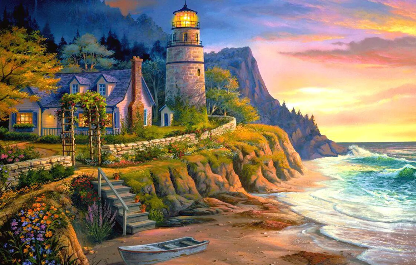 Photo wallpaper sea, light, sunset, house, boat, lighthouse, the evening, ladder