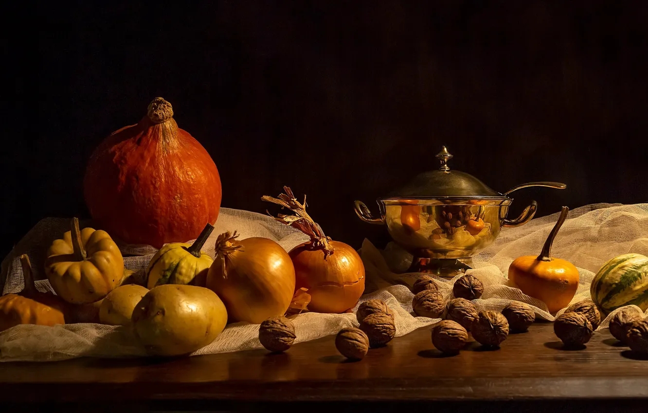 Photo wallpaper light, reflection, the dark background, table, bow, pumpkin, fabric, pumpkin