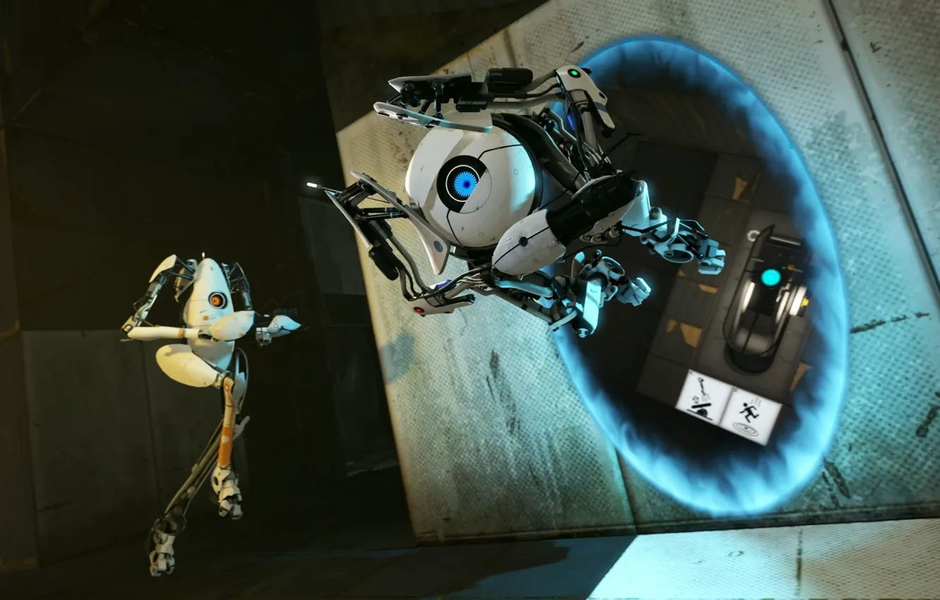 Photo wallpaper robot, Atlas, portal 2, portal 2, portal gun, bee bodysuit