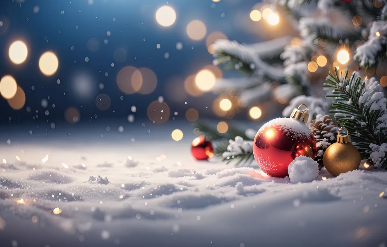 Photo wallpaper snow, decoration, night, balls, tree, new year, Christmas, Christmas