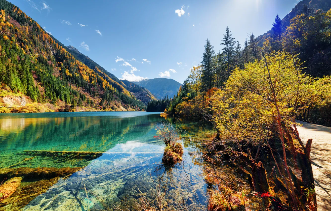 Photo wallpaper autumn, forest, trees, mountains, lake, China, Sunny, national Park