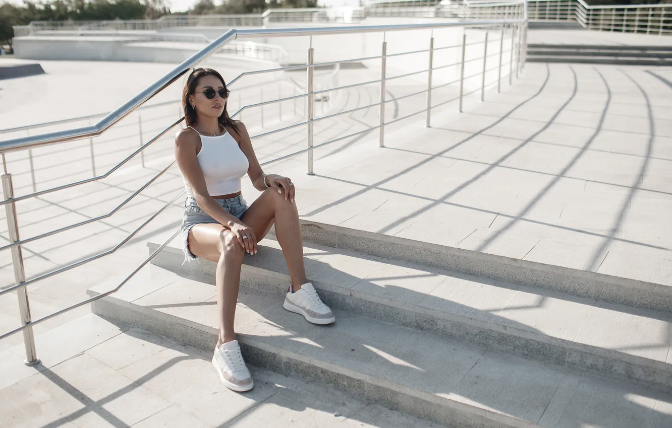 Photo wallpaper girl, sexy, shorts, woman, young, model, Denim, sunglasses