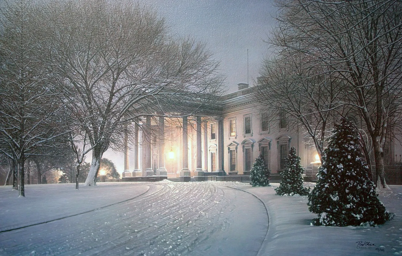 Photo wallpaper winter, light, snow, trees, house, Park, figure, Villa