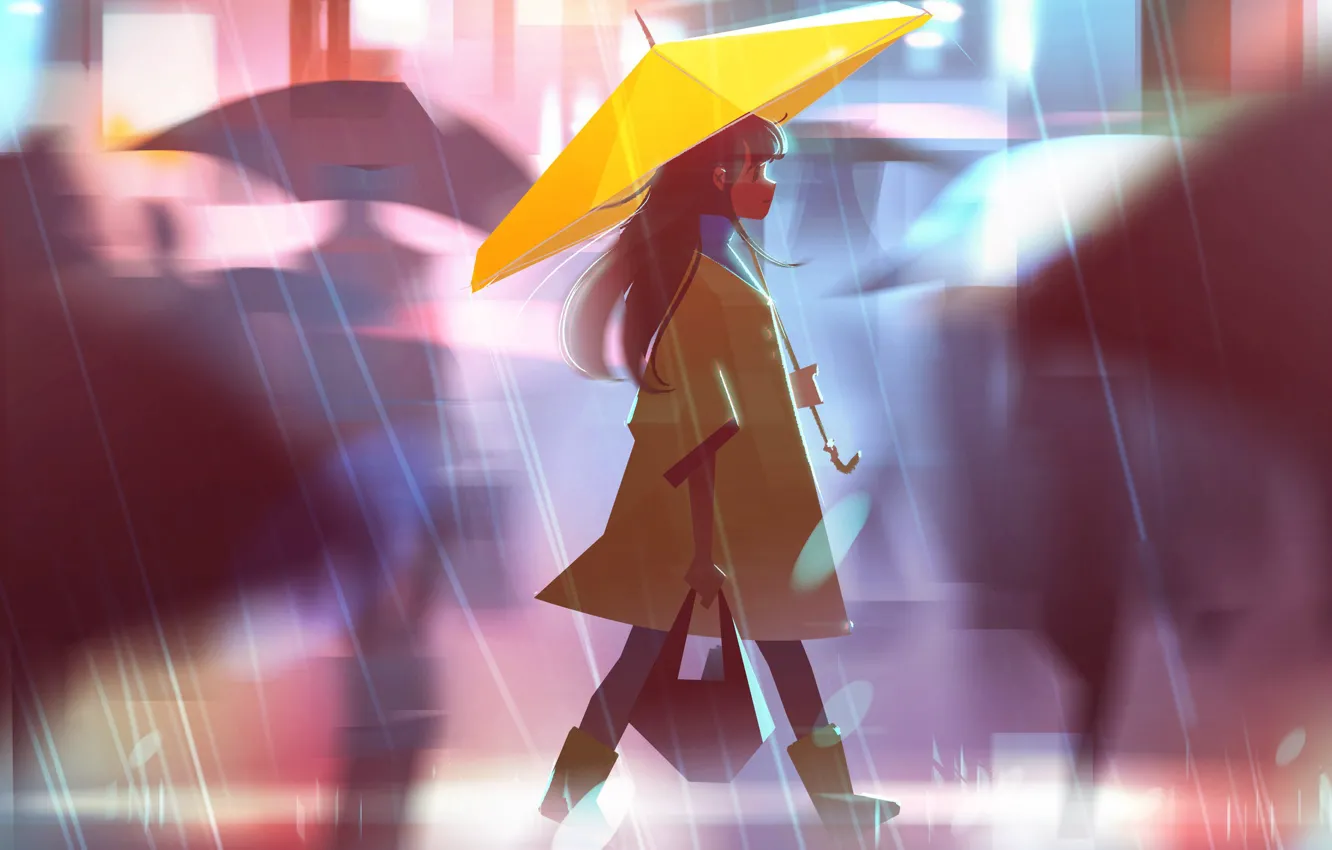 Photo wallpaper street, umbrella, blur, girl, bag, walk, cloak, the shower