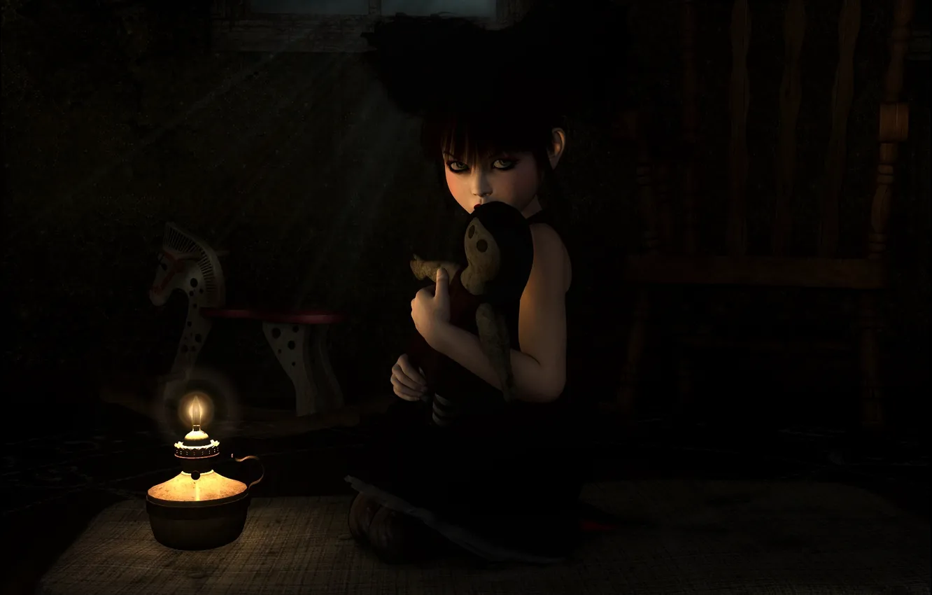 Photo wallpaper loneliness, fire, toy, dark, lamp, candle, art, girl