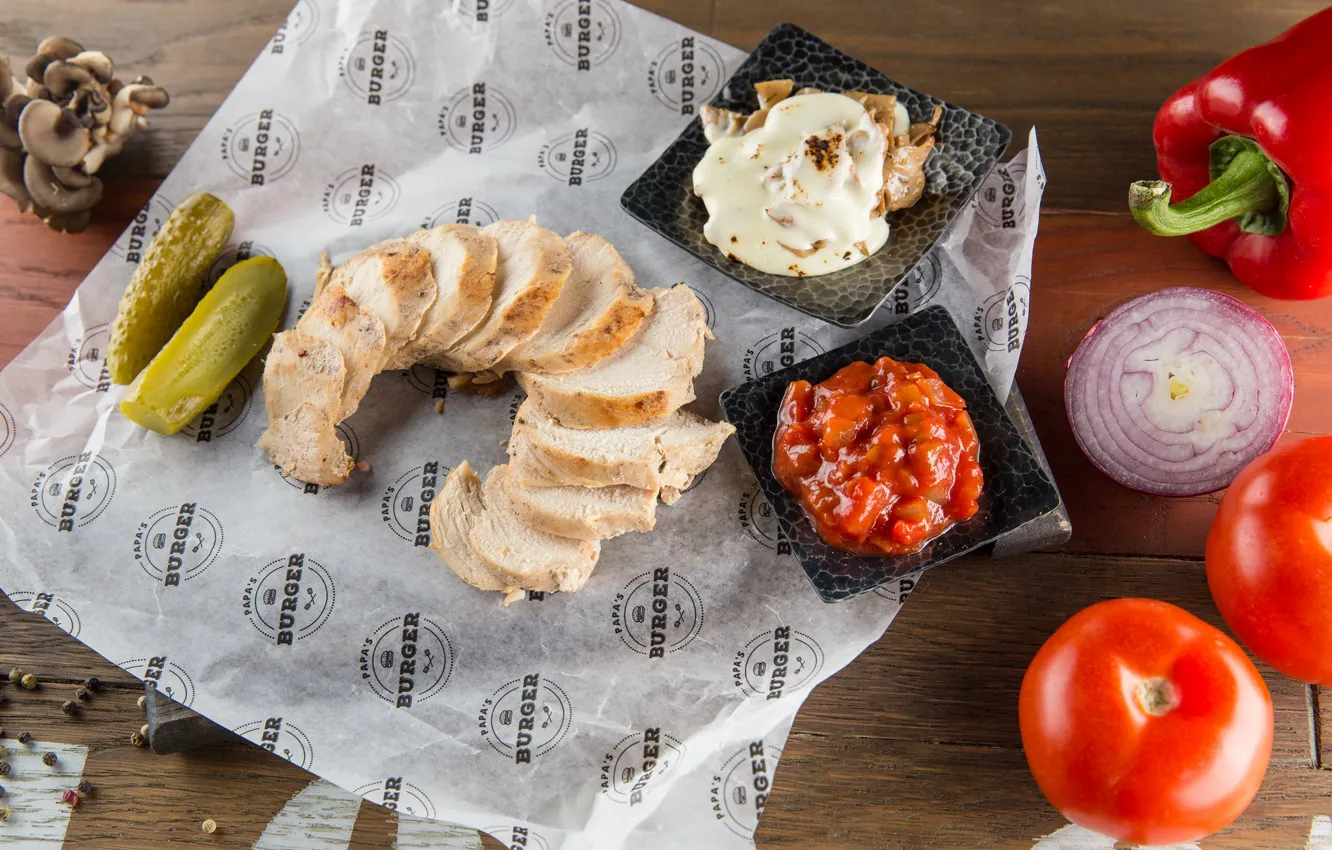 Photo wallpaper meat, tomatoes, sauce, cuts