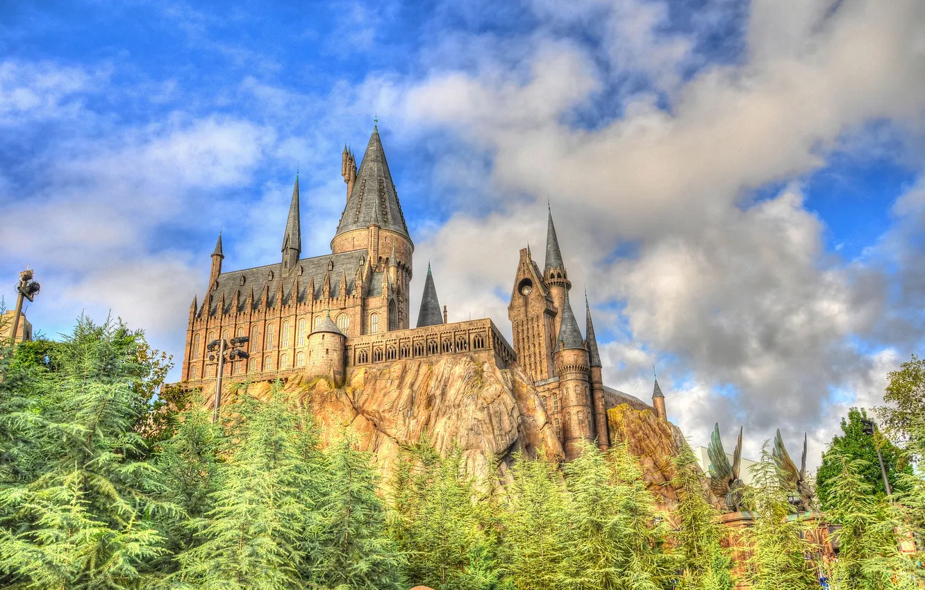 Photo wallpaper the sky, clouds, trees, castle, wall, rocks, tower