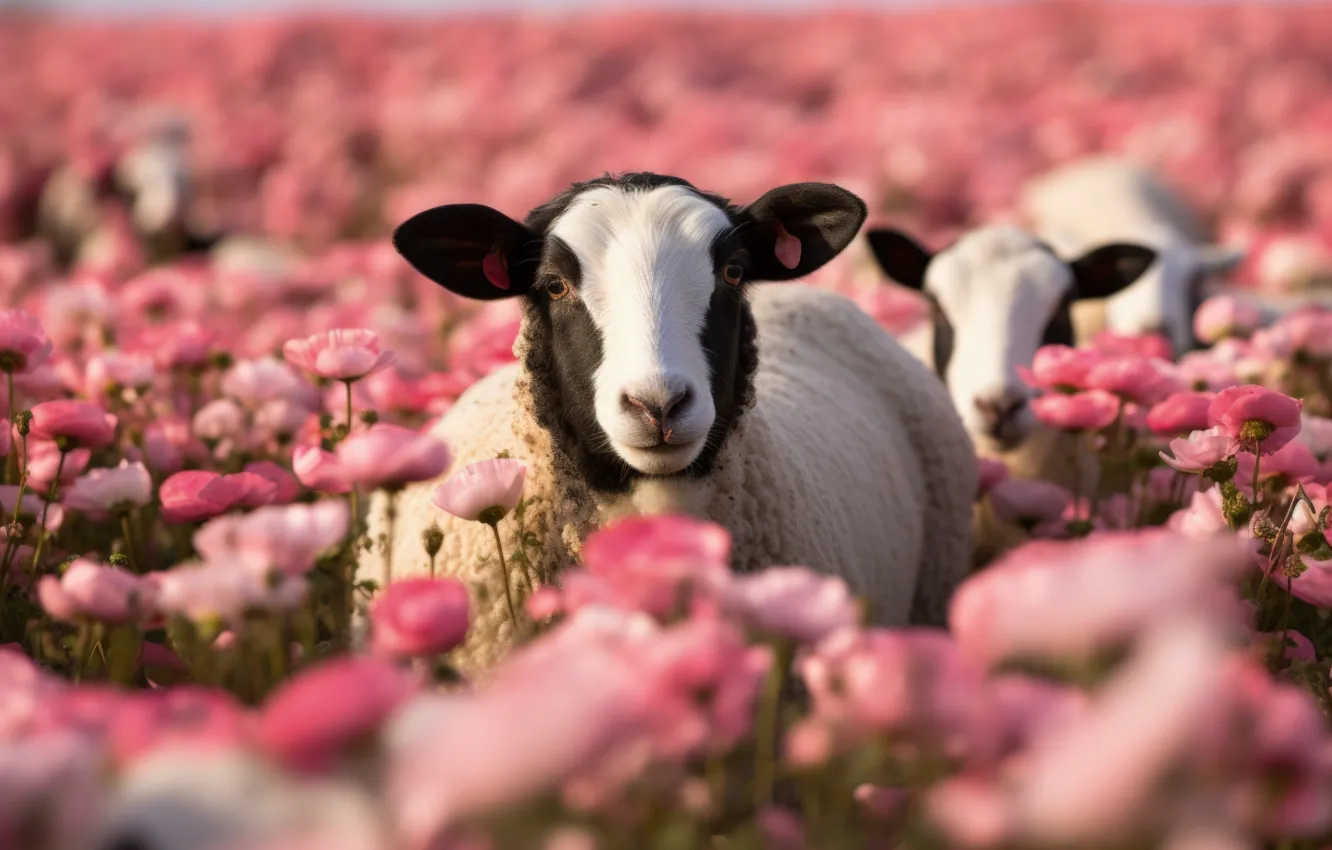Photo wallpaper field, flowers, lamb