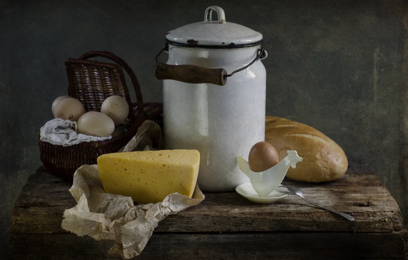 Photo wallpaper egg, cheese, bread, still life, cans