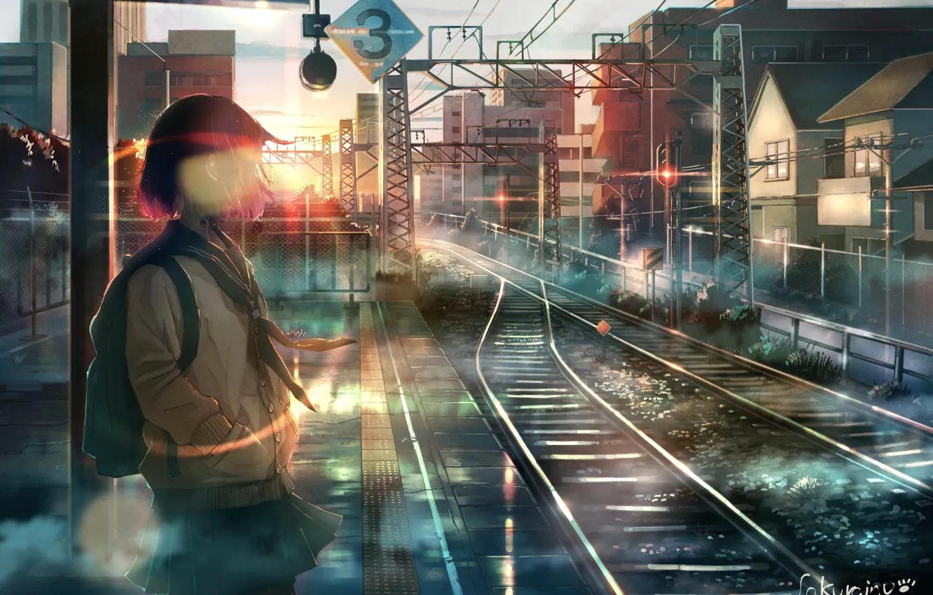 Photo wallpaper wire, rails, home, Japan, schoolgirl, backpack, sunrise, platform