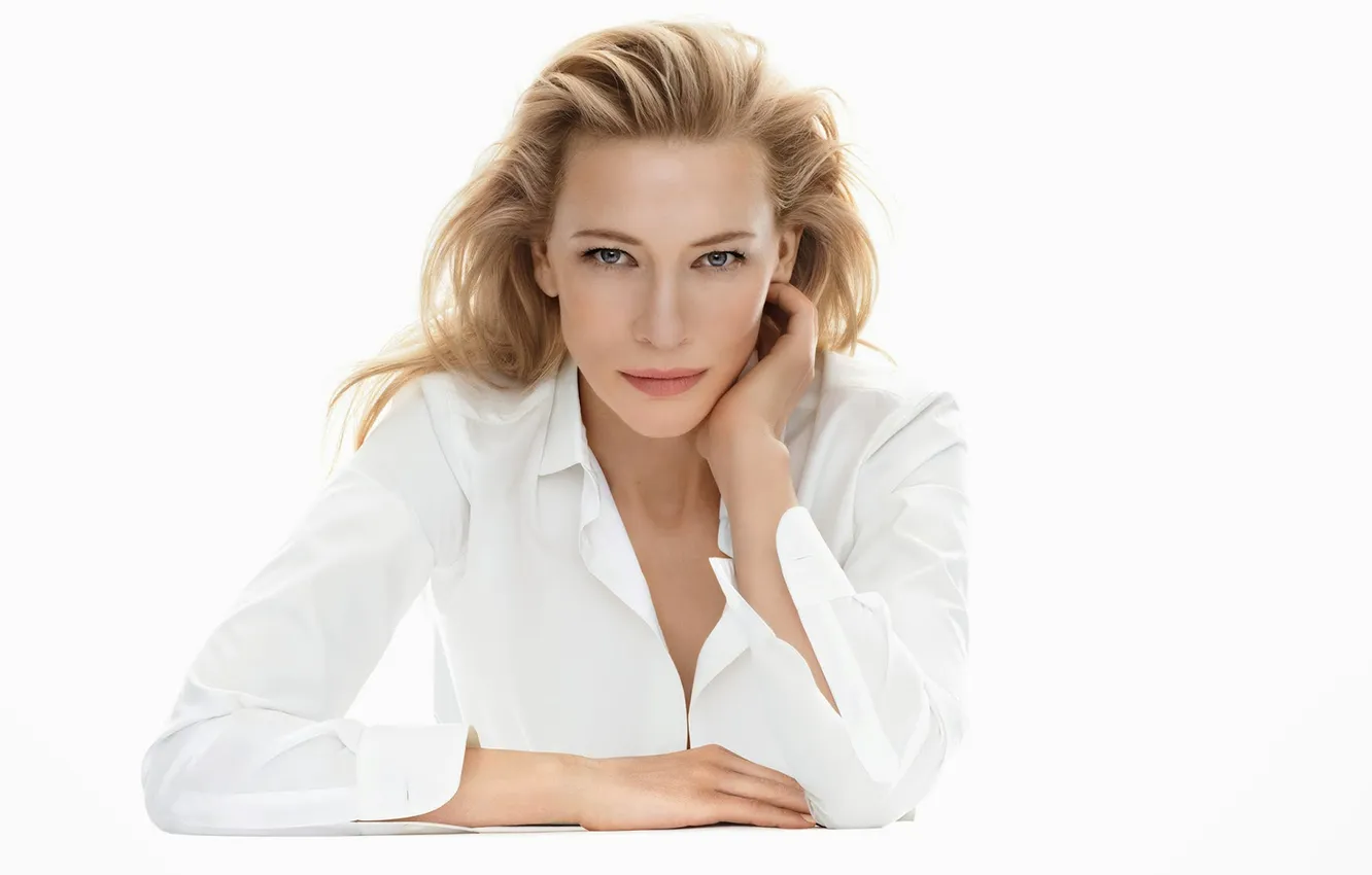 Photo wallpaper look, girl, white background, white shirt, Cate Blanchett