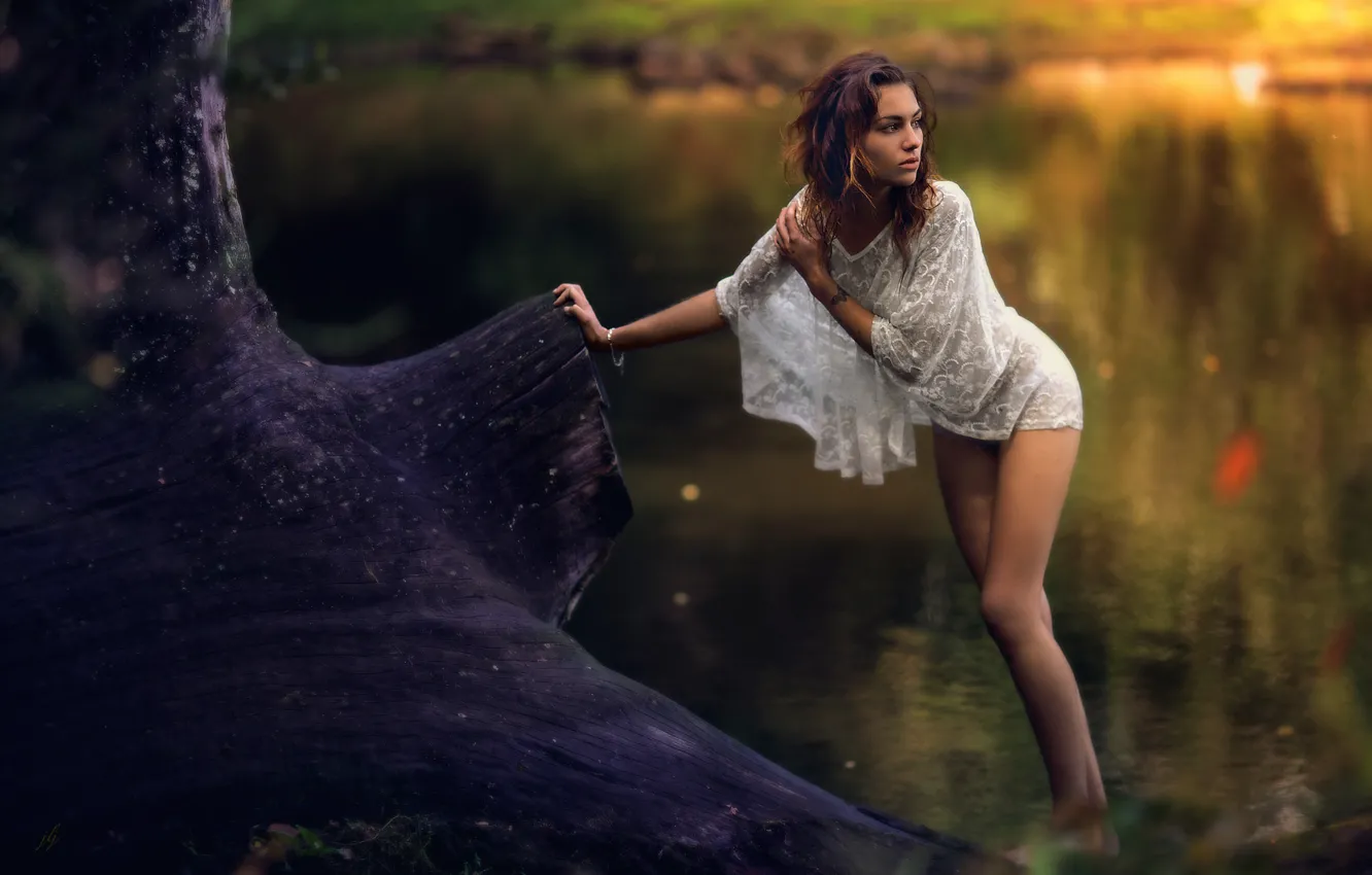 Photo wallpaper water, girl, trees, dress