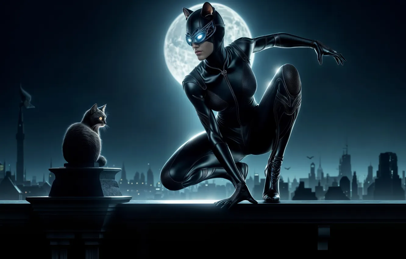 Photo wallpaper cat, cat, girl, night, the city, the moon, Cat woman