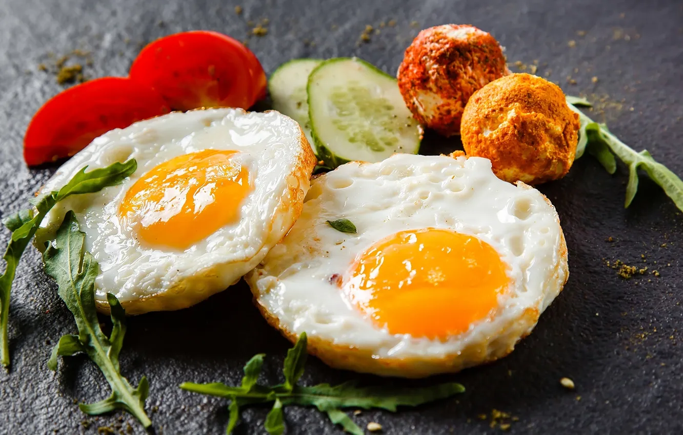 Photo wallpaper food, tomatoes, vegetables, cucumbers, fried eggs