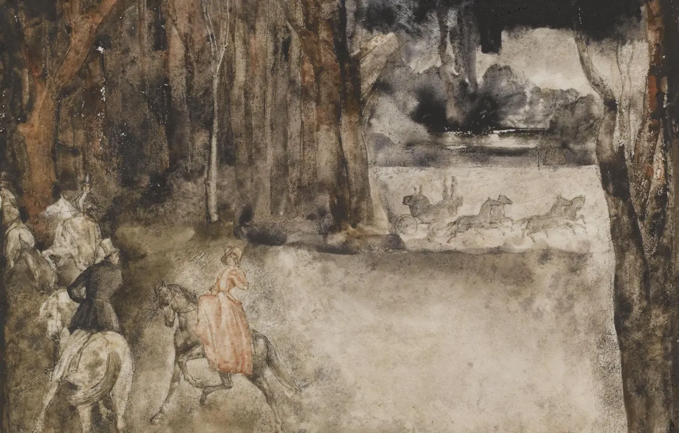 Photo wallpaper forest, horse, watercolor, coach, illustration, 1928, Grigory Gluck Man