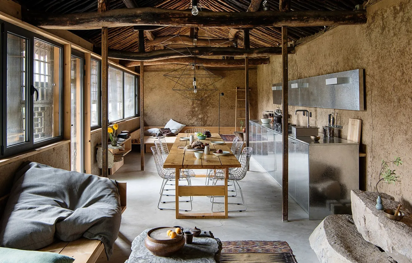 Photo wallpaper design, interior, kitchen, living room, dining room, loft style, industrial style, small space