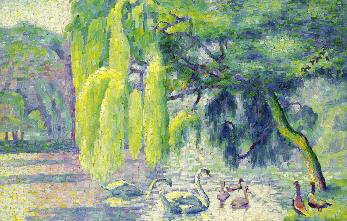 Photo wallpaper landscape, nature, bird, picture, Henri Edmond Cross, pointillism, Henri Cross, Swan Family
