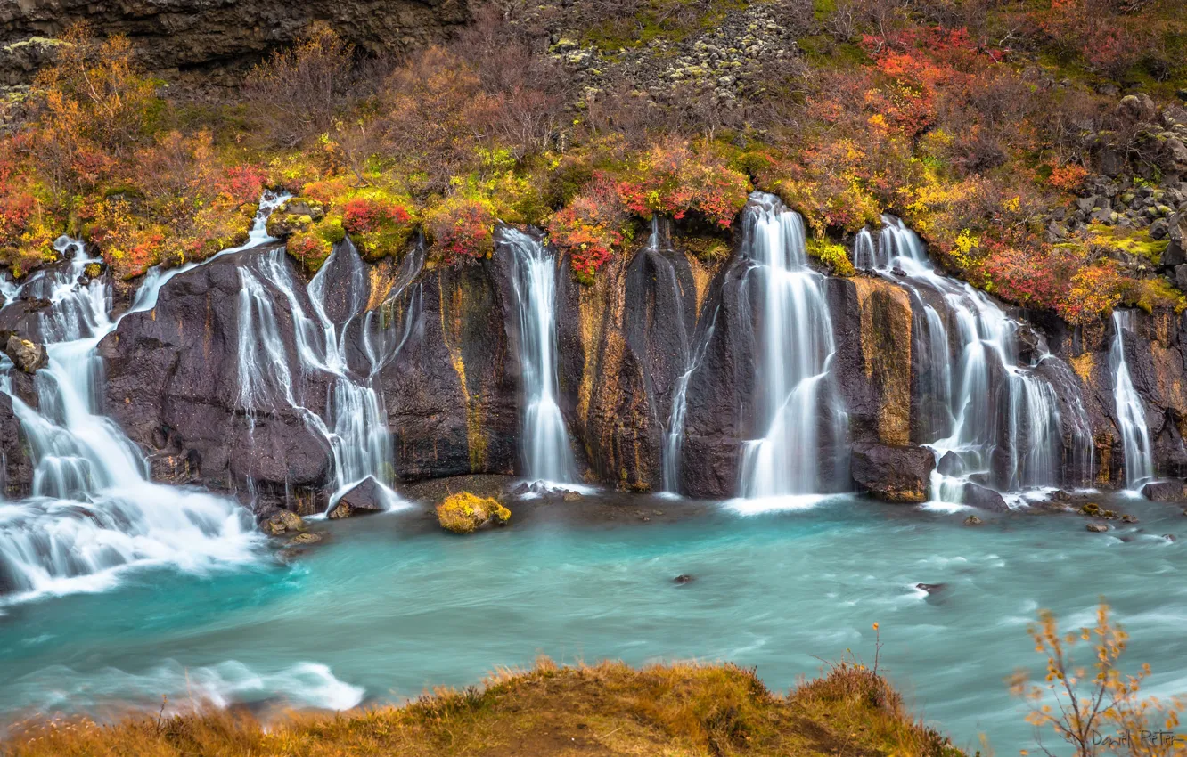 Photo wallpaper autumn, river, waterfall, cascade, Iceland, Iceland, Hraunfossar, Hraunfossar