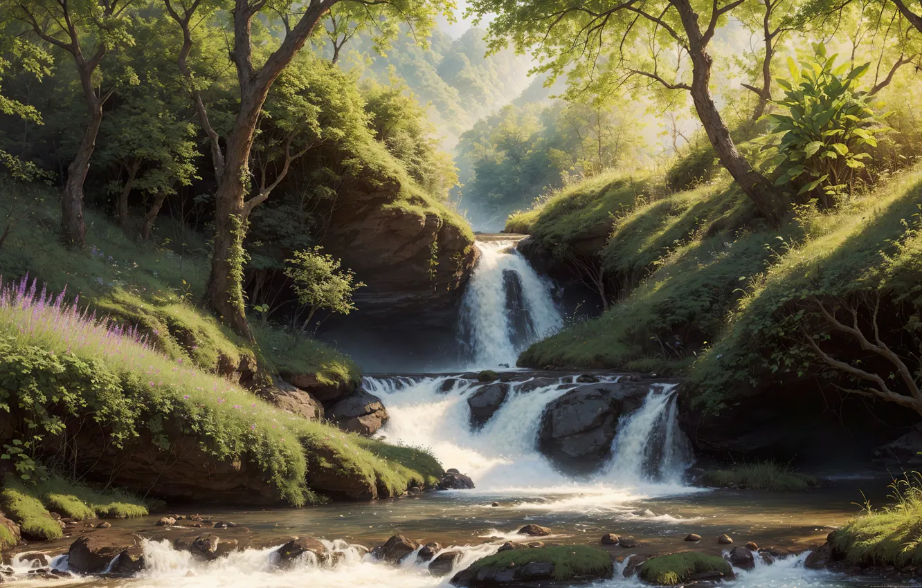 Photo wallpaper forest, grass, flowers, nature, valley, river, digital art, AI art