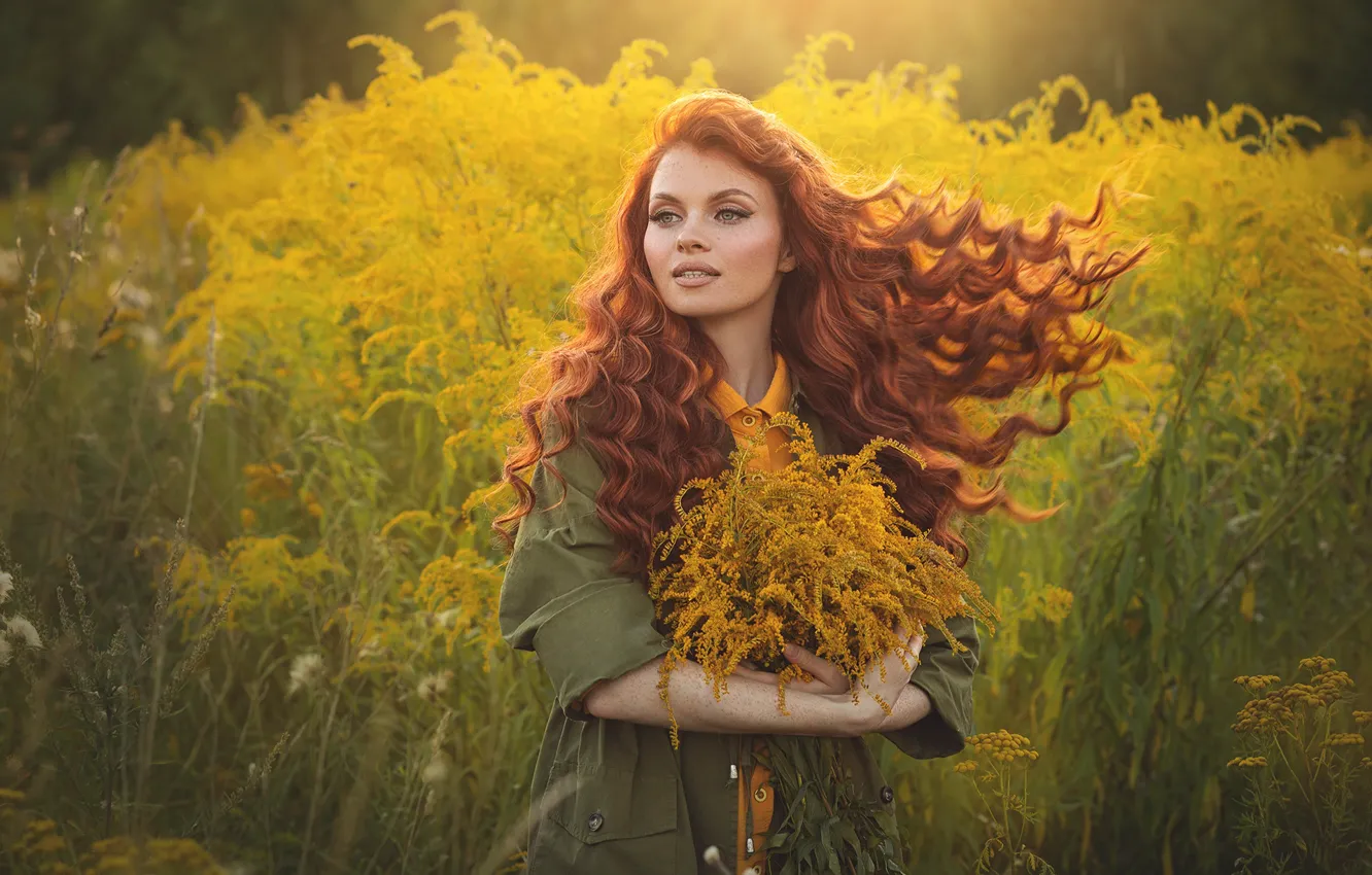 Photo wallpaper grass, girl, nature, red, curls, Natalia Vetoshkina