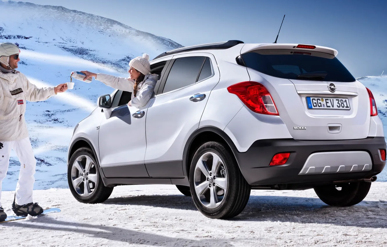 Photo wallpaper white, girl, snow, jeep, Opel, Opel, guy, rear view