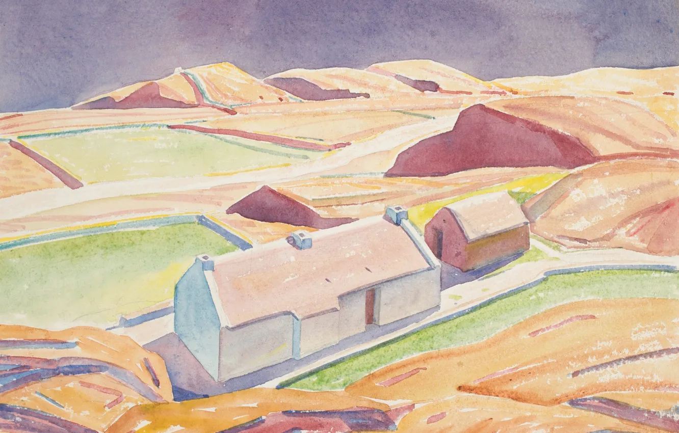 Photo wallpaper watercolor, mountains, Rockwell Kent, Rockwell Kent, figure, Landscape with Cottage, home