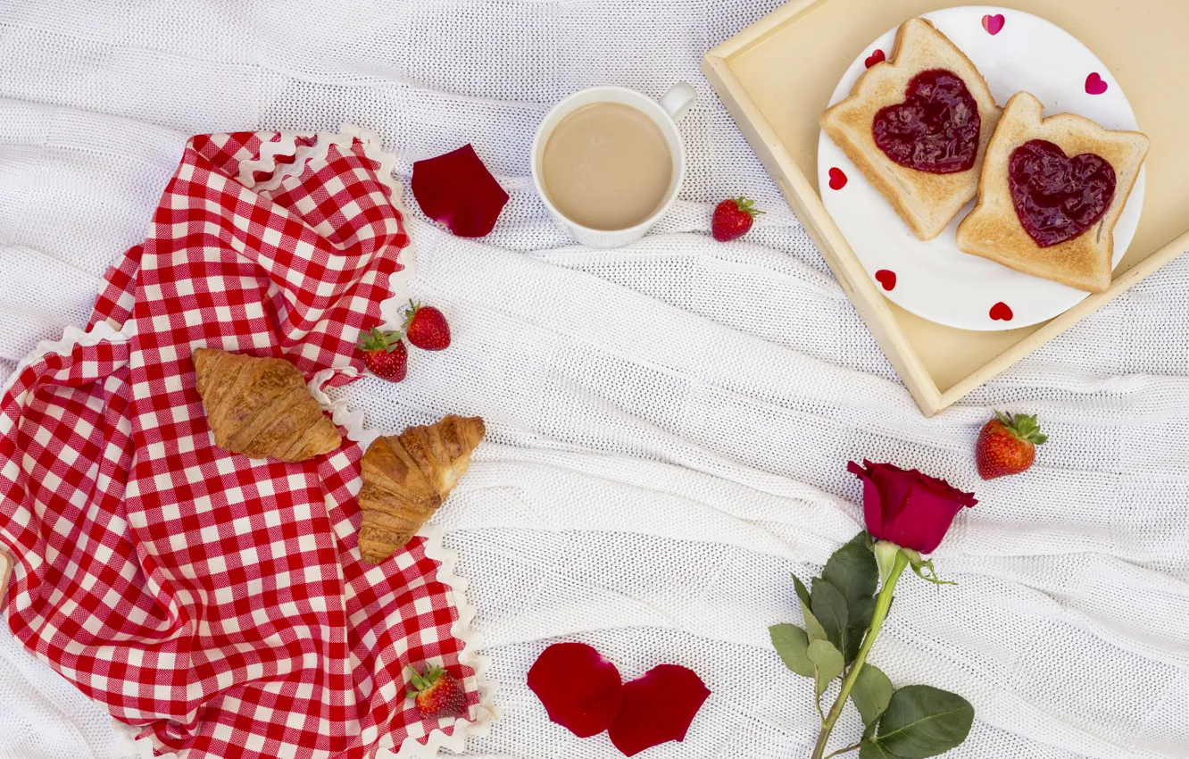 Photo wallpaper love, roses, Breakfast, hearts, love, romantic, hearts, coffee cup