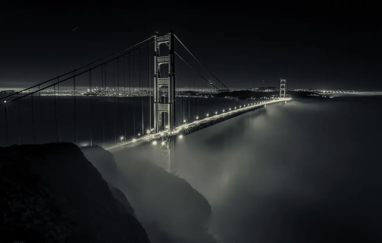 Photo wallpaper bridge, lights, fog, CA, San Francisco, California, San Francisco, Bay Bridge