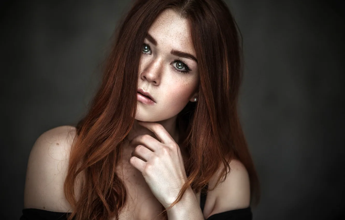 Photo wallpaper look, pose, background, model, portrait, makeup, hairstyle, freckles
