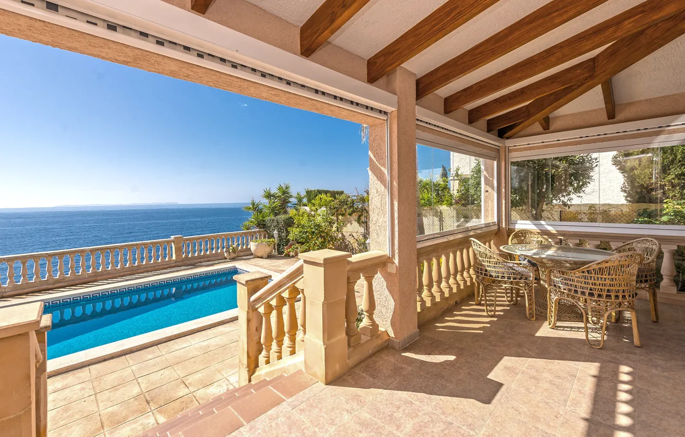 Photo wallpaper Villa, interior, pool, terrace, dining room