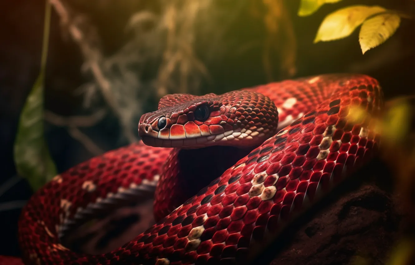 Photo wallpaper Snake, Trees, Eyes, Leaves, Face, Jungle, Reptile, Animal