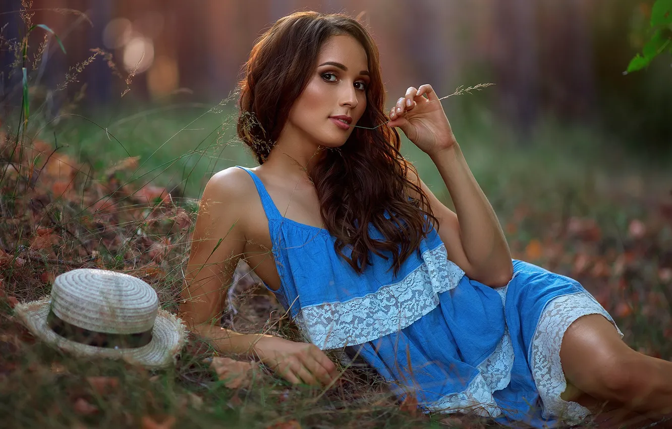 Photo wallpaper look, girl, pose, hair, hands, hat, a blade of grass, sundress