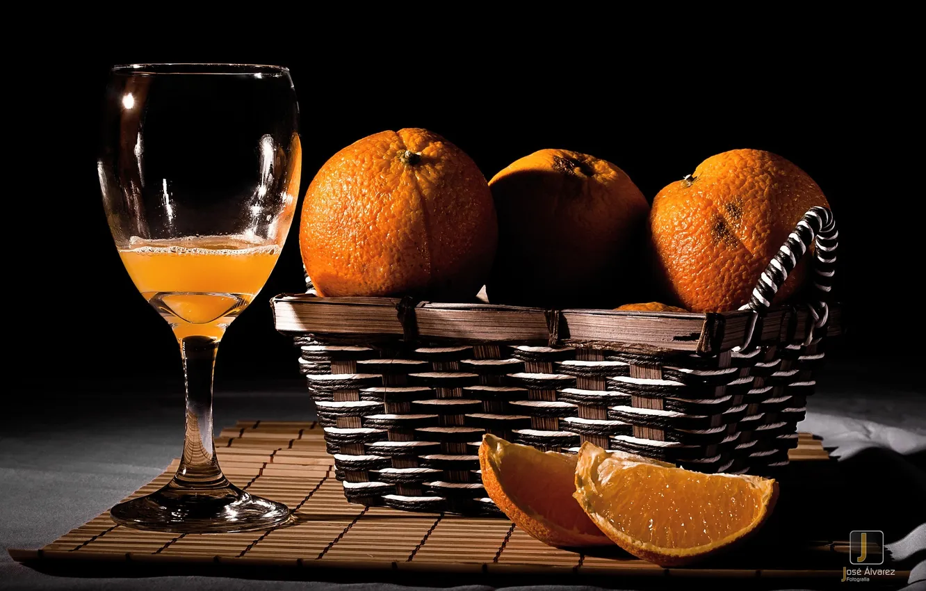 Photo wallpaper the dark background, glass, oranges, juice, basket, citrus, slices
