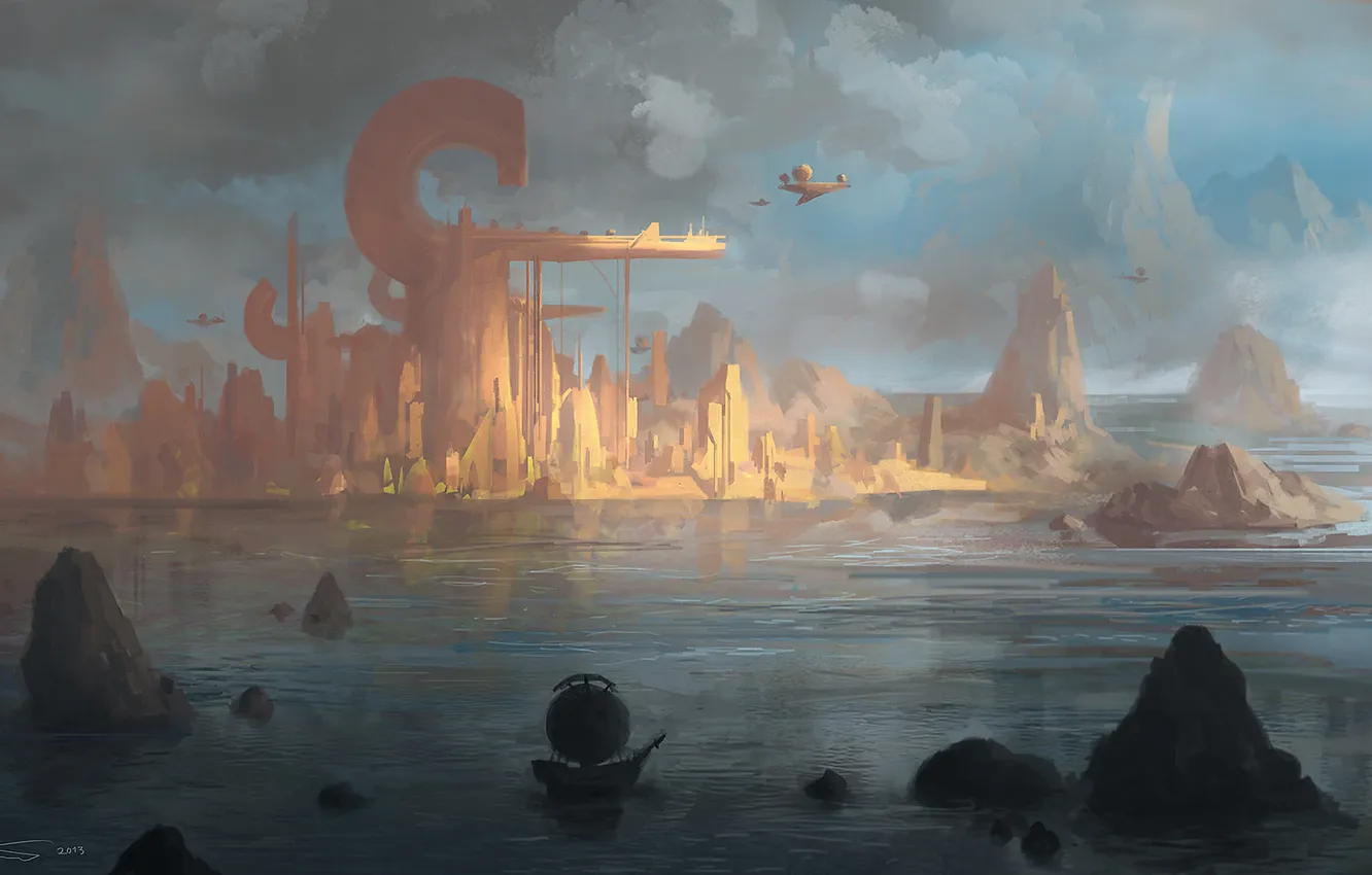 Photo wallpaper the city, river, ship, art