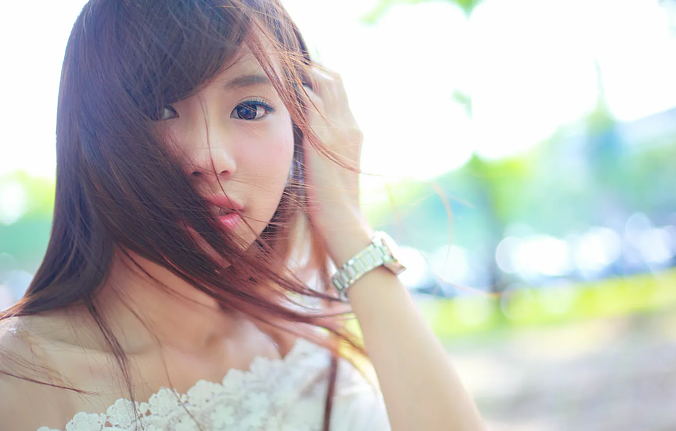 Photo wallpaper look, girl, face, background, hair