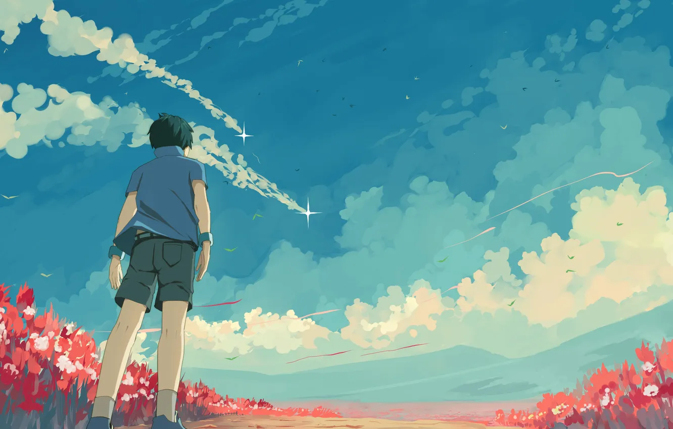 Photo wallpaper clouds, flowers, bird, shorts, back, boy, shirt