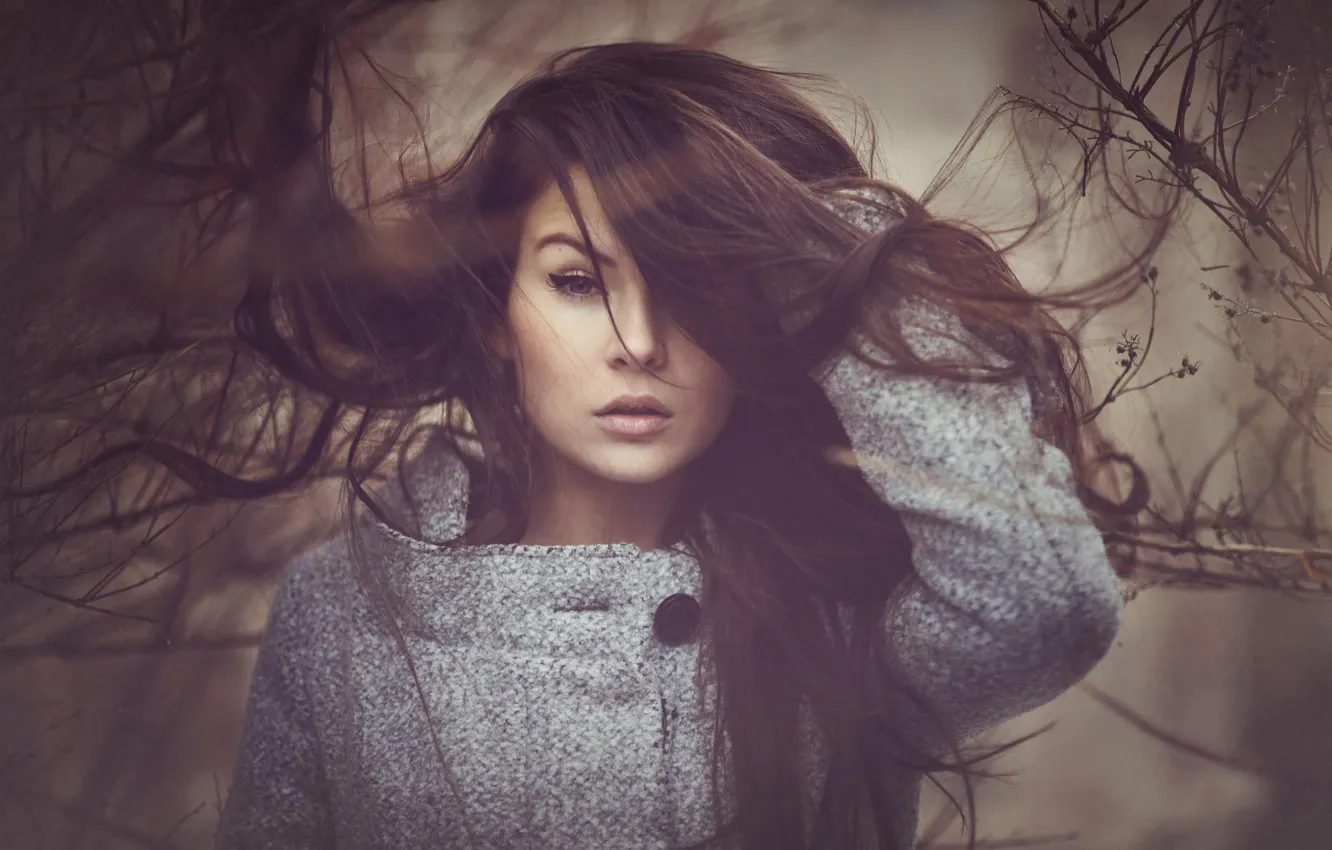Photo wallpaper look, hair, portrait, coat, windy weather